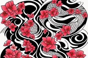 A full coy fish with  sunset add waves make it tell a story. Add red cherry blossom flowers. 3/4 sleeve. Only black and red. In love to travel tattoo idea