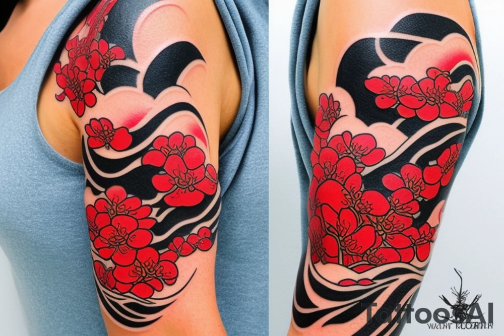 A full coy fish with  sunset add waves make it tell a story. Add red cherry blossom flowers. 3/4 sleeve. Only black and red. In love to travel tattoo idea