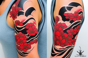 A full coy fish with  sunset add waves make it tell a story. Add red cherry blossom flowers. 3/4 sleeve. Only black and red. In love to travel tattoo idea