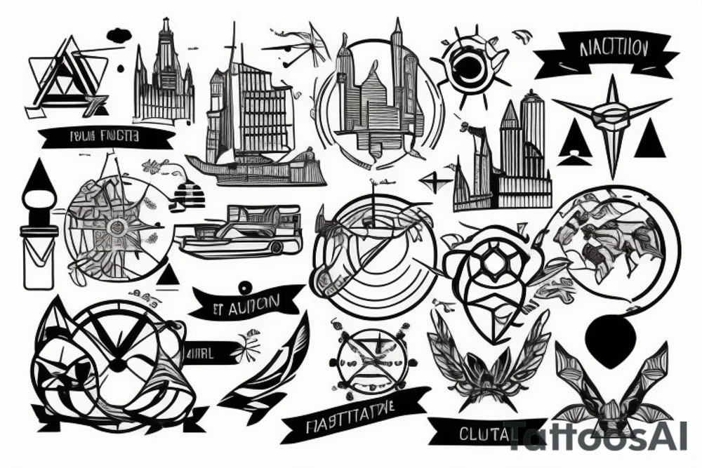 Concept tattoo for upper arm. Travel oriented. Destination tattoo idea