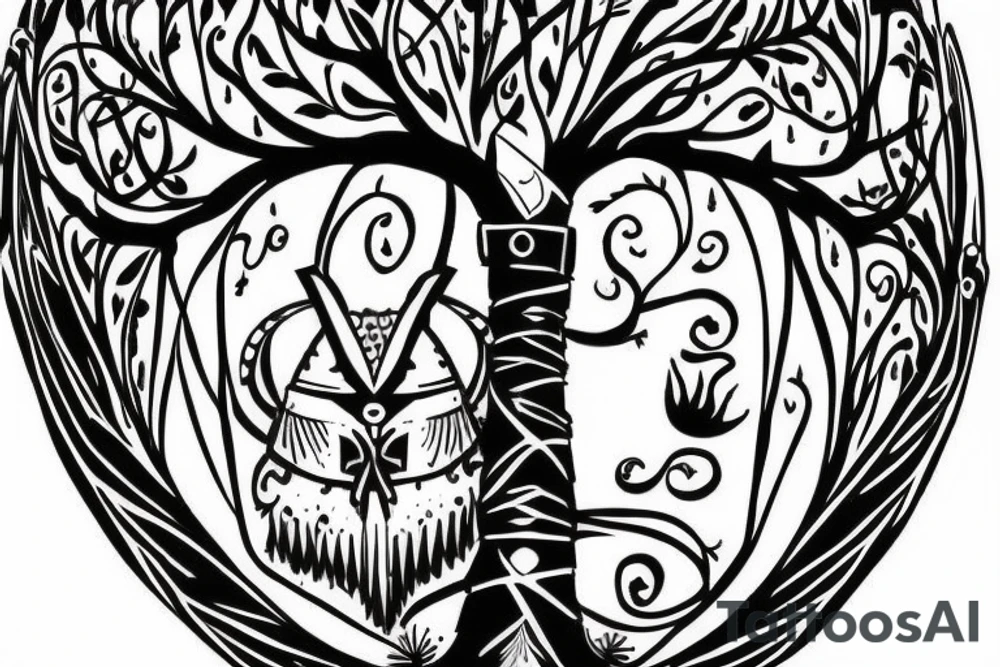 warrior helmet hanging from the tree of life tattoo idea