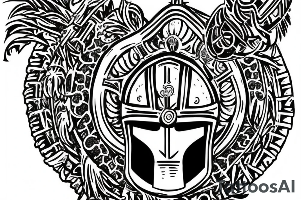 a roman warrior helmet hanging from the tree of life tattoo idea