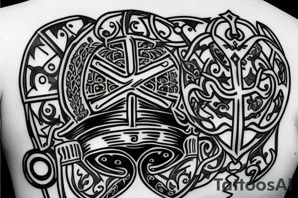 a roman warrior helmet hanging from the tree of life tattoo idea