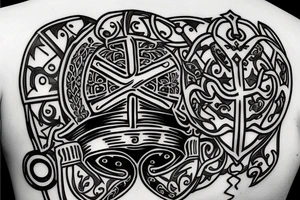 a roman warrior helmet hanging from the tree of life tattoo idea