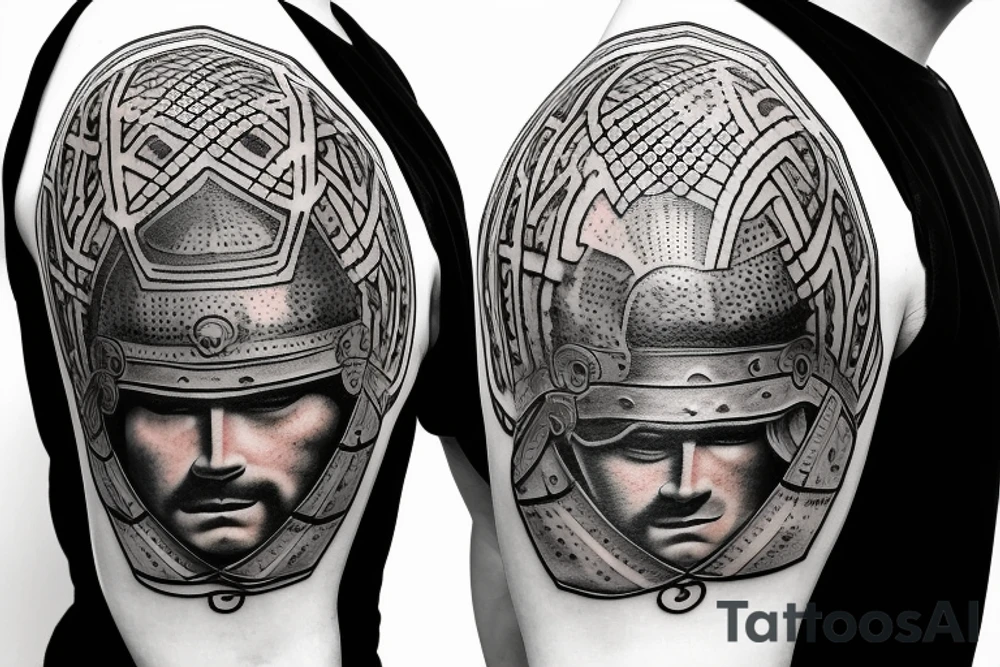 a roman warrior helmet hanging from the tree of life tattoo idea