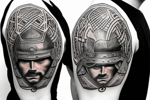 a roman warrior helmet hanging from the tree of life tattoo idea
