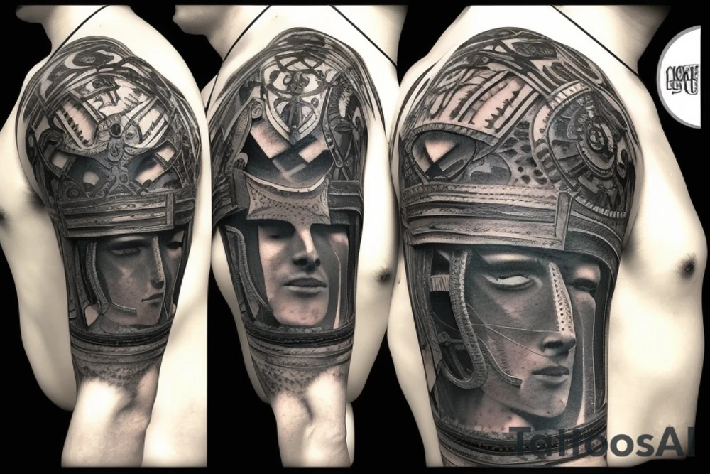 a roman warrior helmet hanging from the tree of life tattoo idea