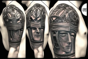a roman warrior helmet hanging from the tree of life tattoo idea