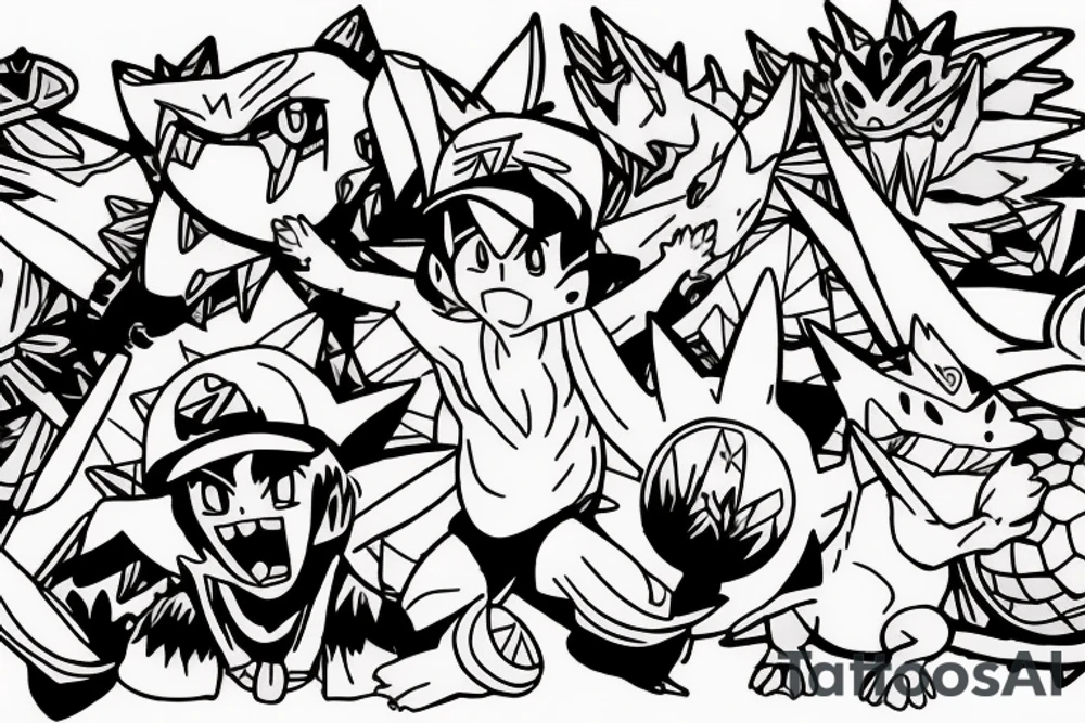 Pokemon trainer Ash Ketchum holding poker all surrounded by charizard, blastoise, and gengar tattoo idea