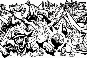 Pokemon trainer Ash Ketchum holding poker all surrounded by charizard, blastoise, and gengar tattoo idea