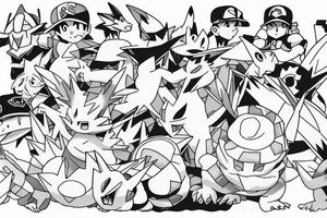 Pokemon trainer Ash Ketchum holding poker all surrounded by charizard, blastoise, and gengar tattoo idea