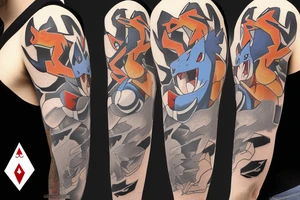 Pokemon trainer Ash Ketchum holding poker all surrounded by charizard, blastoise, and gengar tattoo idea