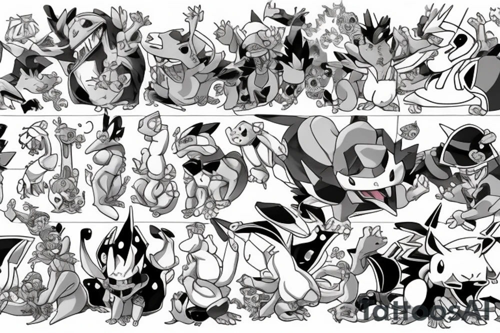 Pokemon trainer Ash Ketchum holding poker all surrounded by charizard, blastoise, and gengar tattoo idea