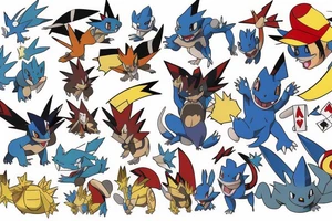 Pokemon trainer Ash Ketchum holding poker all surrounded by charizard, blastoise, and gengar tattoo idea