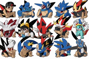 Pokemon trainer Ash Ketchum holding poker all surrounded by charizard, blastoise, and gengar tattoo idea