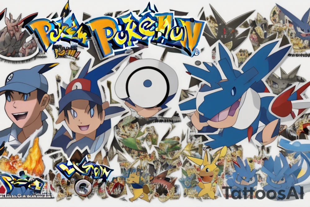 Pokemon trainer Ash Ketchum holding poker all surrounded by charizard, blastoise, and gengar tattoo idea