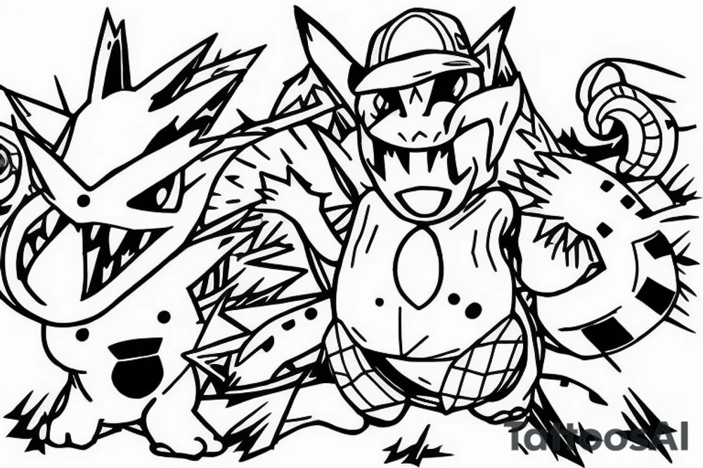 Pokemon trainer Ash Ketchum holding poker all surrounded by charizard, blastoise, and gengar tattoo idea