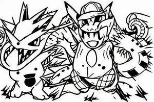 Pokemon trainer Ash Ketchum holding poker all surrounded by charizard, blastoise, and gengar tattoo idea