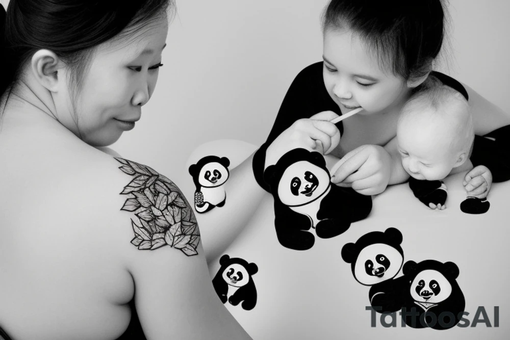 Panda cub and mom eating bamboo tattoo idea