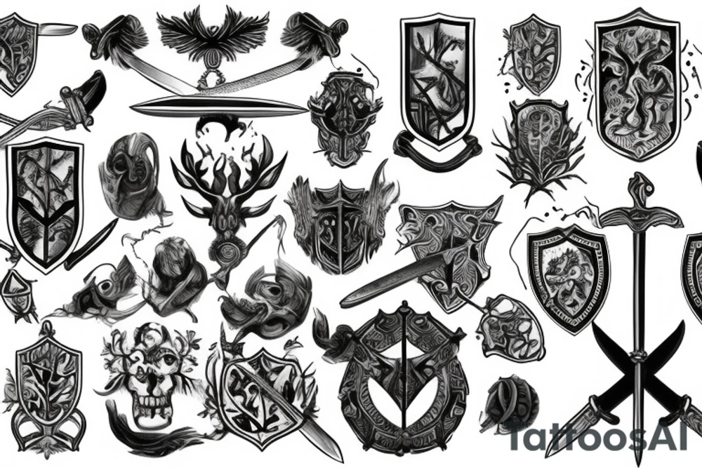 sword and shield in front of a giant tree tattoo idea