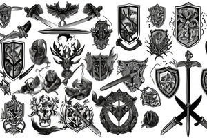 sword and shield in front of a giant tree tattoo idea