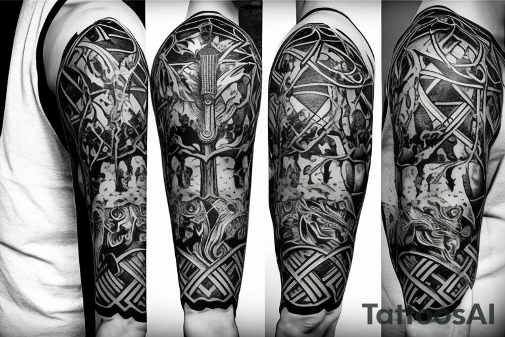 sword and shield in front of a giant tree tattoo idea