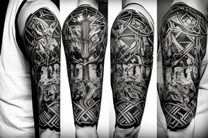 sword and shield in front of a giant tree tattoo idea
