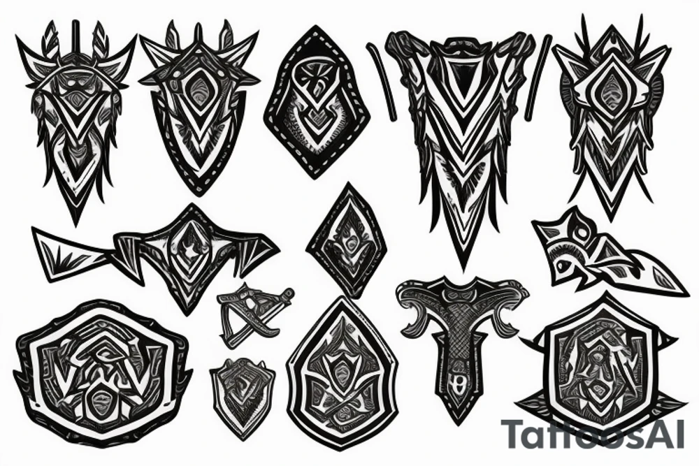 sword and shield in front of a giant tree tattoo idea