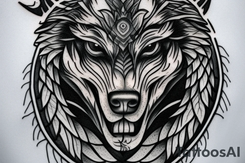 tree shield warrior wolf tattoo idea