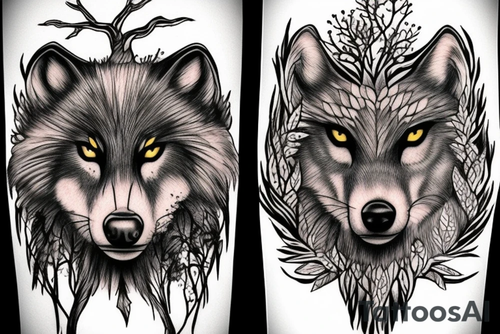 warrior wolf tree nature tattoo idea