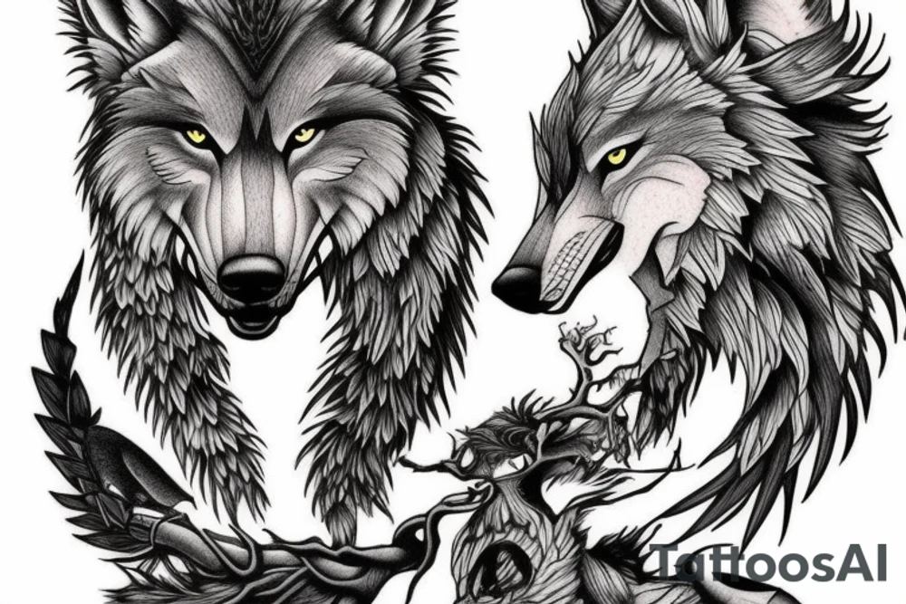 mythology warrior wolf tree nature tattoo idea