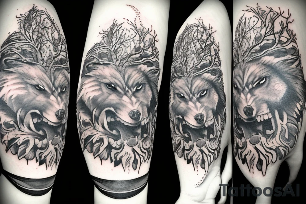 mythology warrior wolf tree nature tattoo idea