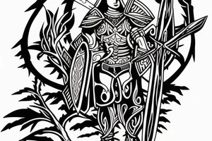warrior holding a shield
a tree in the back tattoo idea