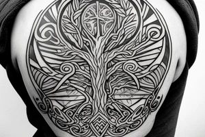 warrior holding a shield
a tree in the back tattoo idea