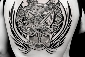warrior holding a shield
a tree in the back tattoo idea