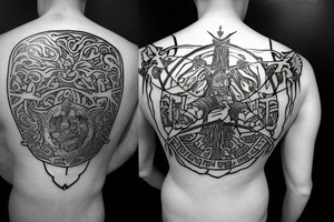 warrior holding a shield
a tree in the back tattoo idea