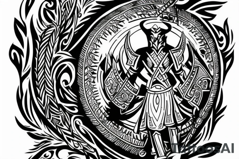 warrior holding a shield
a tree in the back tattoo idea