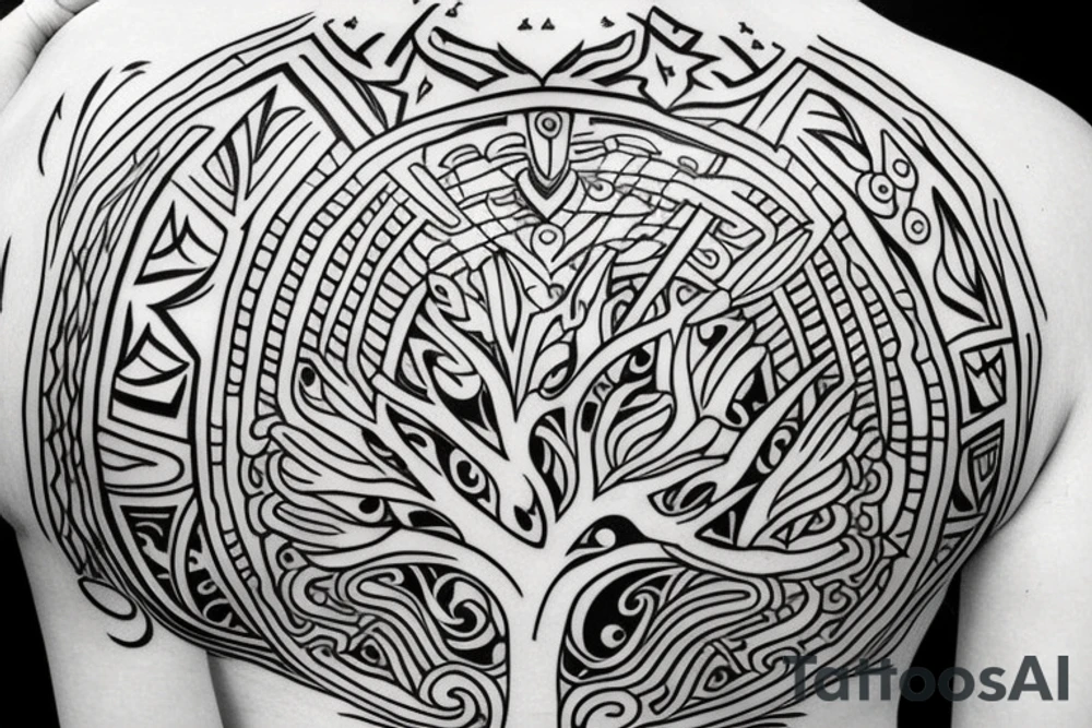 warrior holding a shield
a tree in the back tattoo idea