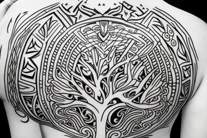 warrior holding a shield
a tree in the back tattoo idea