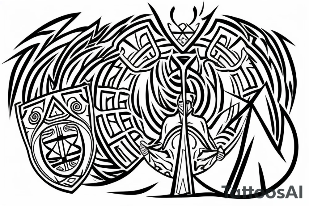 warrior holding a shield
a tree in the back tattoo idea