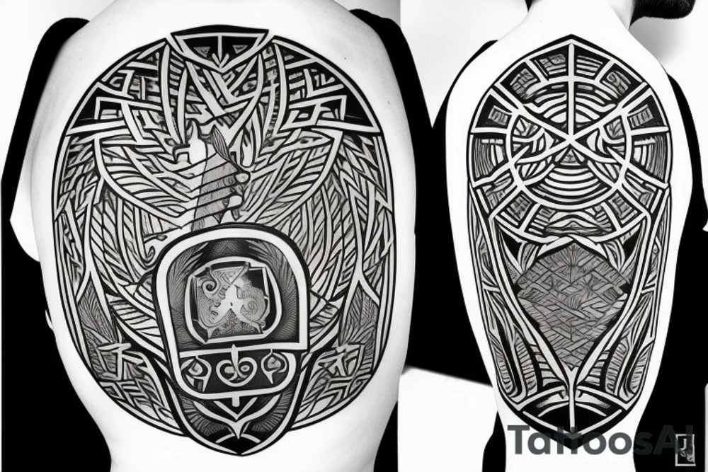 warrior holding a shield
a tree in the back tattoo idea
