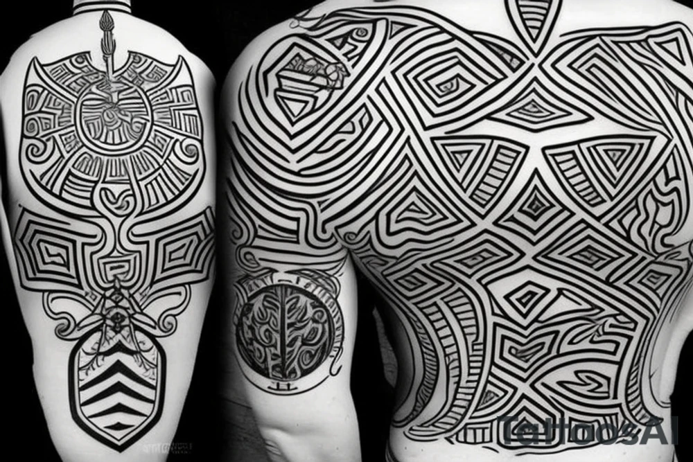 warrior holding a shield
a tree in the back tattoo idea