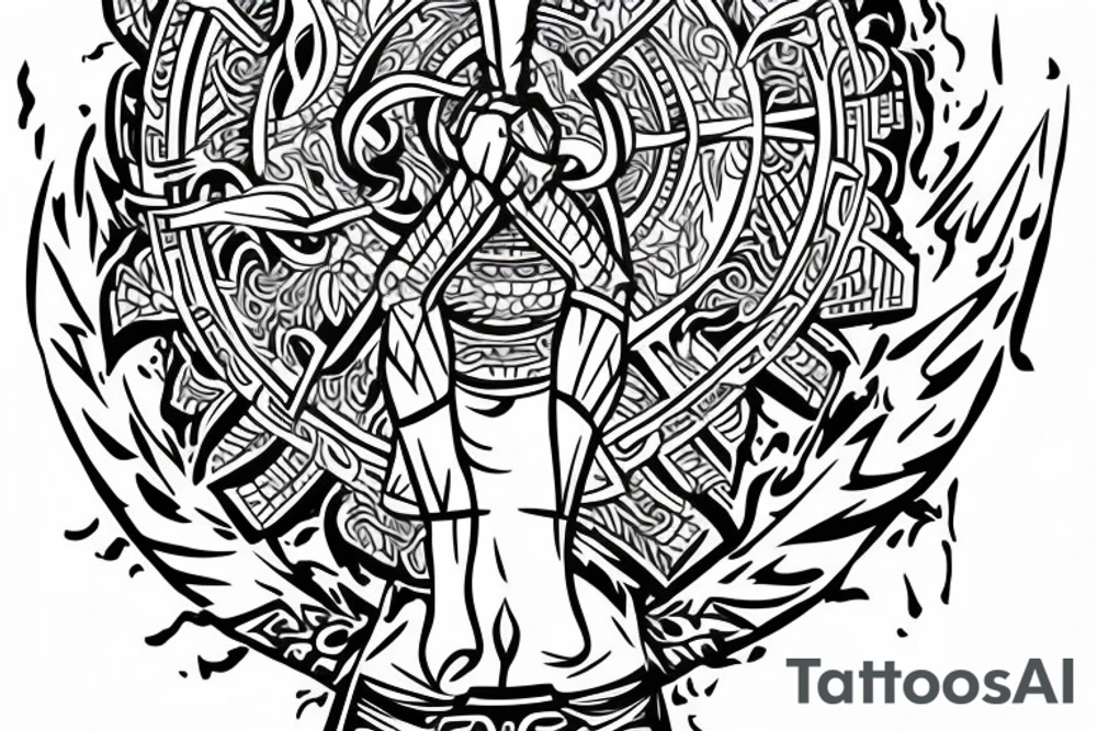 warrior holding a shield
a tree in the back tattoo idea