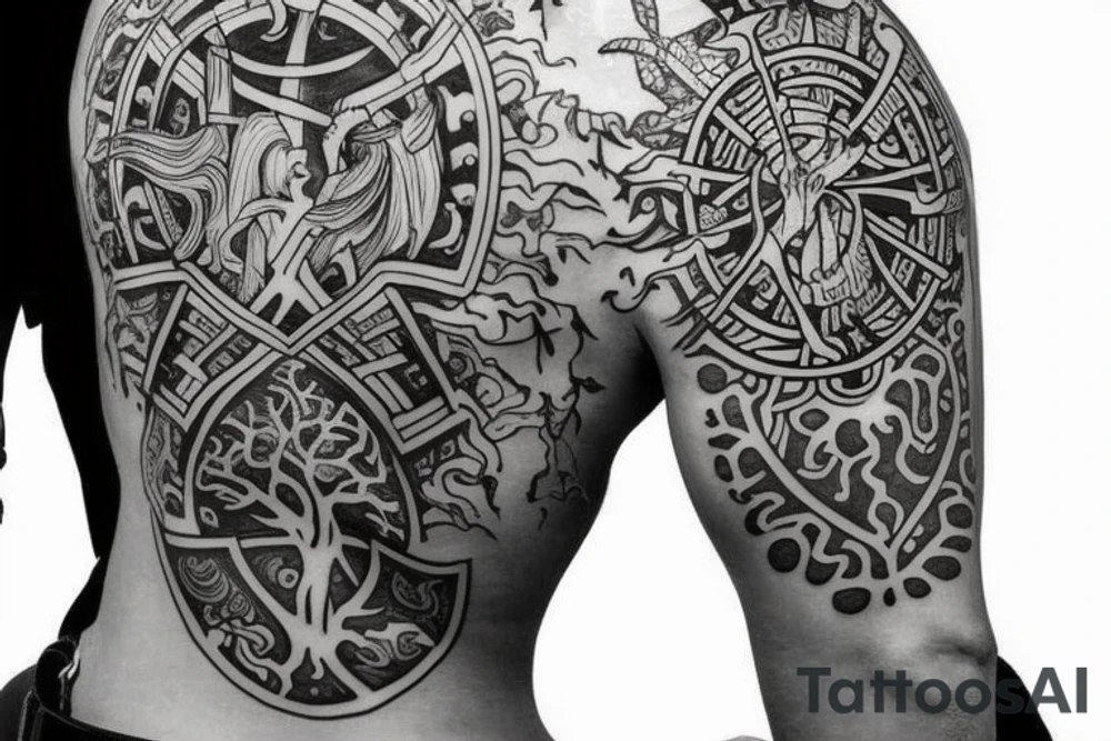 Achilles holding a shield
tree of life in the back tattoo idea