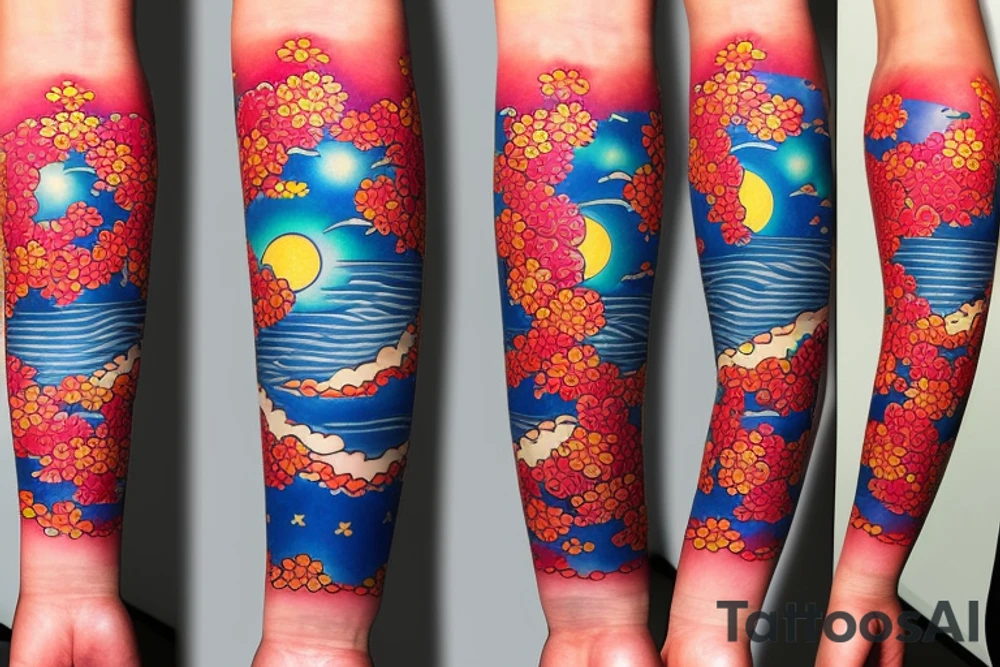 Arm sleeve, 3/4 length. At the top is a sun with rays beaming from it, below it add ocean waves, a coy fish and red cherry blossoms tattoo idea