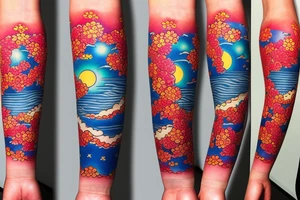 Arm sleeve, 3/4 length. At the top is a sun with rays beaming from it, below it add ocean waves, a coy fish and red cherry blossoms tattoo idea