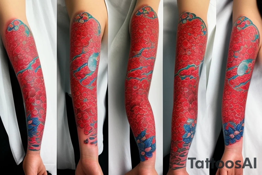 Arm sleeve, 3/4 length. At the top is a sun with rays beaming from it, below it add ocean waves, a coy fish and red cherry blossoms tattoo idea