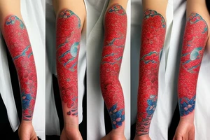 Arm sleeve, 3/4 length. At the top is a sun with rays beaming from it, below it add ocean waves, a coy fish and red cherry blossoms tattoo idea