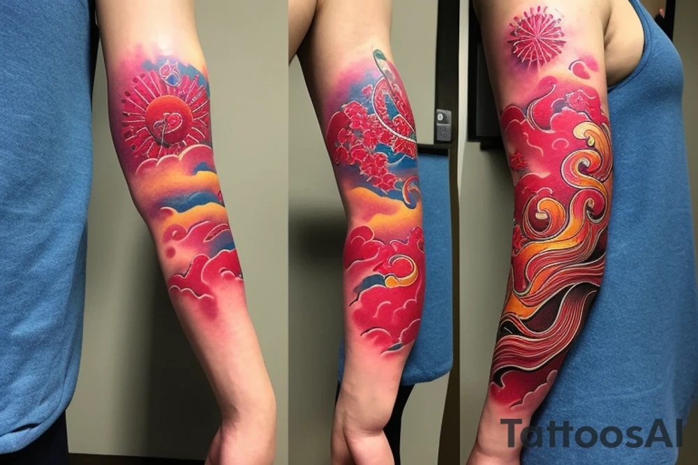 Arm sleeve, 3/4 length. At the top is a sun with rays beaming from it, below it add ocean waves, a coy fish and red cherry blossoms tattoo idea