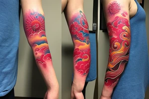 Arm sleeve, 3/4 length. At the top is a sun with rays beaming from it, below it add ocean waves, a coy fish and red cherry blossoms tattoo idea